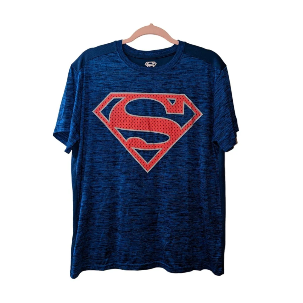 Superman Tshirt Mens Large Blue Red Logo Performance Gym Work-Out Shirt Relaxed